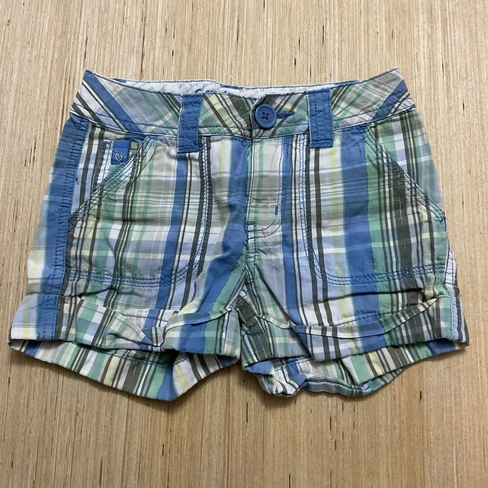 Justice Girls Shorts Size 8 Slim Roll Up Olive /Light Blue / White Plaid Sparkle